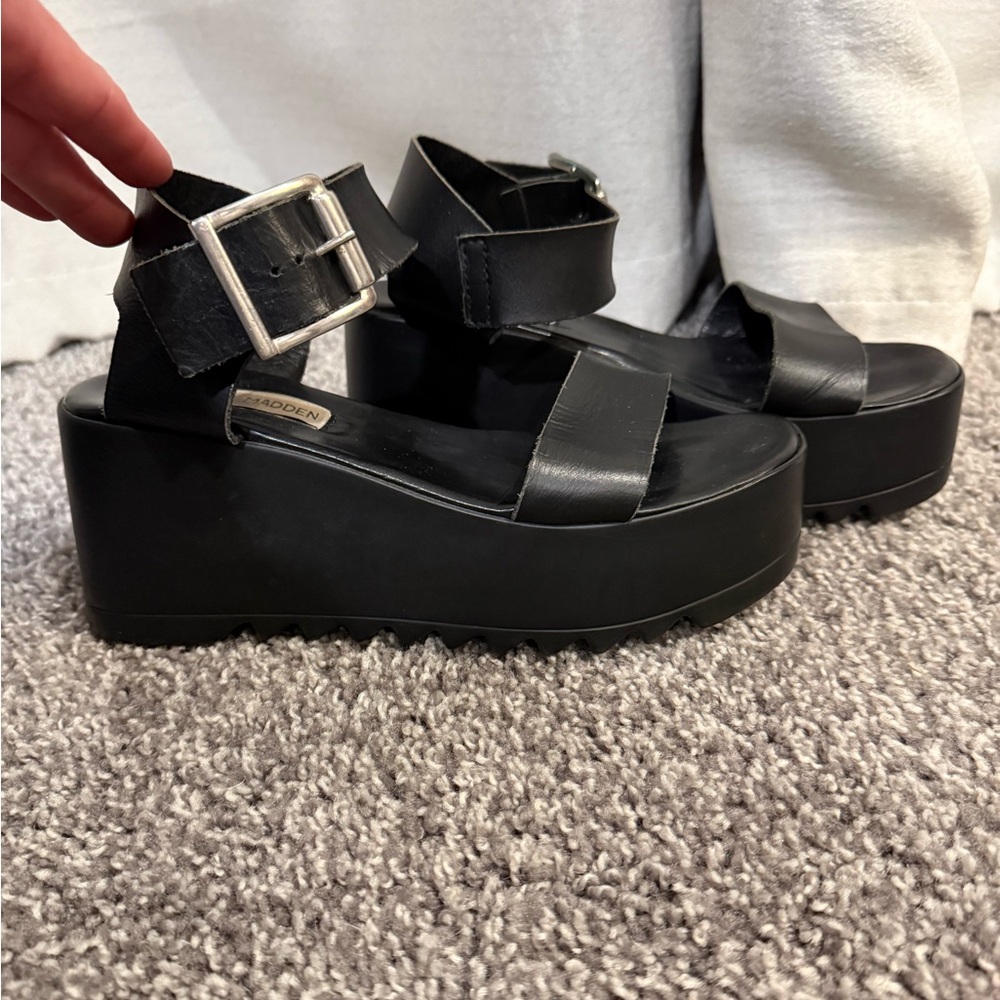 Steve Madden Black Platform Sandals with Silver Buckles